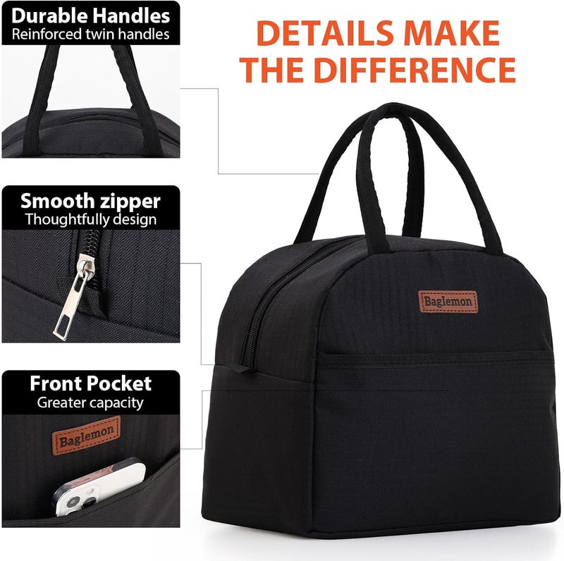 Baglemon Insulated Lunch Bag for Women Men, Lunch Containers Reusable High Capacity Lunch Tote Bags for Work Picnic (Black) - Image 2